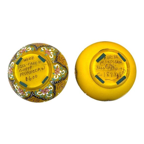 Antique Webb Moroccan Yellow Glass Vase Set Hand-Painted Floral Glows Orange - Picture 3 of 13